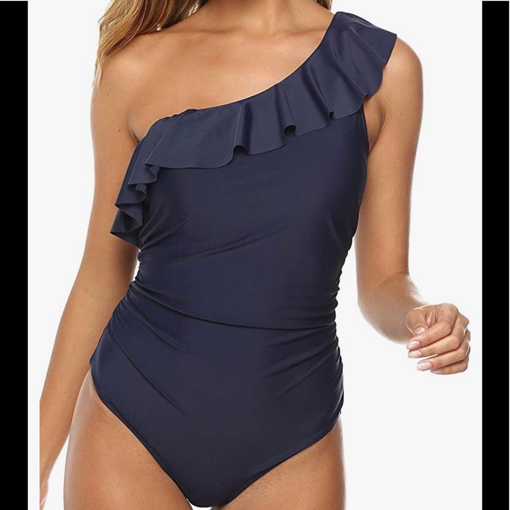 Honyar One Piece, Ruffle Ruched Shoulder Swimsuit